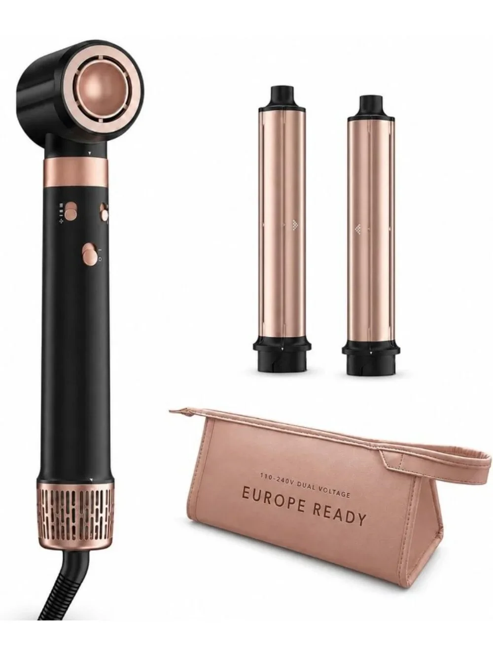 3-in-1 Dual Voltage Hair Dryer & Curler, Travel-Friendly with Auto-Wrap Barrels